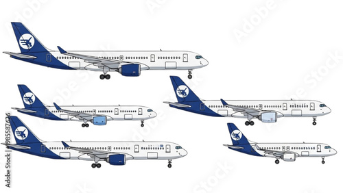 Vector 2D CAD illustrations of airplanes in flight formations precisely