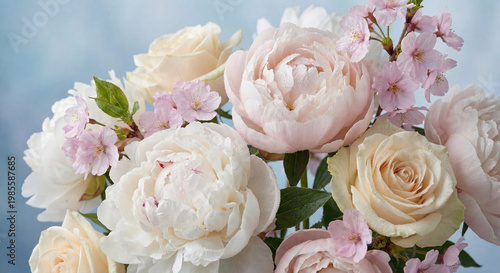 Beautiful spring bouquet of soft pink peonies, roses, and cherry blossoms with water drops on a light blue background. Fresh, romantic floral composition representing purity, tenderness, and blooming 