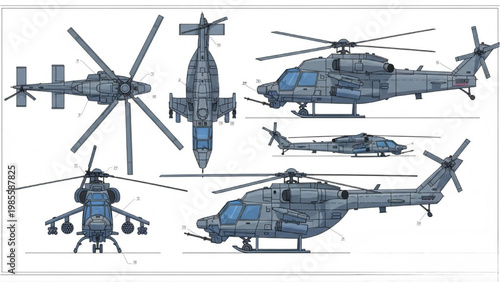 Detailed vector 2D CAD drawings of military helicopter in various views