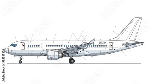Vector 2D CAD drawing of airplane on runway at airport