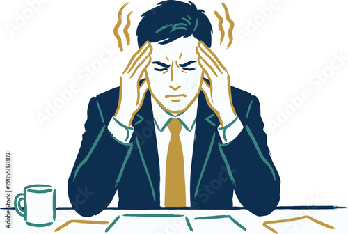 hand drawn illustration businessman with headache, businessman holding his head as his business goes bankrupt or down