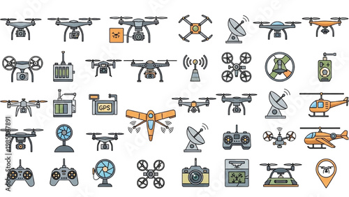 Vector 2D CAD illustrations of various drones and drone related equipment are shown