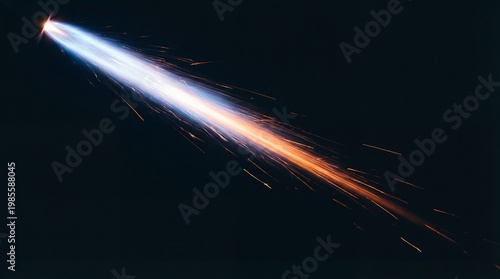 Dynamic radiant spark flutter on black concept. Rocket propulsion with flame trail against a dark backdrop.