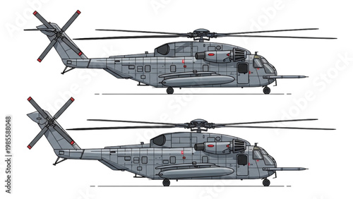 Fotografie Detailed vector 2D CAD drawings of military helicopters in flight