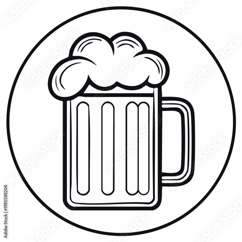 Black and white illustration of a beer mug with foam inside a circular frame for design projects