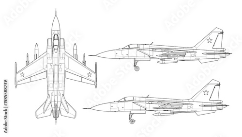 Detailed vector 2D CAD drawings of a fighter jet from multiple angles