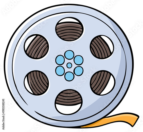 Cartoon film reel with classic celluloid strip illustrating movie production and vintage cinema entertainment