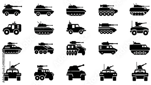 Vector 2D CAD illustrations of various military tanks and armored vehicles