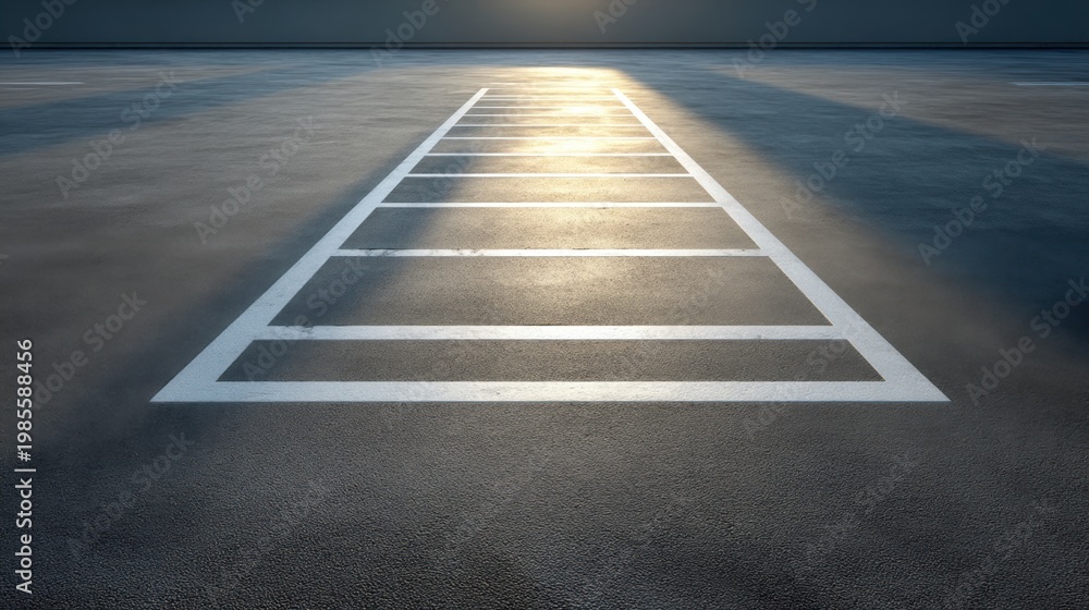 Fototapeta premium Empty Parking Lot with Sunlight Reflections on Wet Asphalt and Parallel White Lines Creating a Calm and Serene Atmosphere