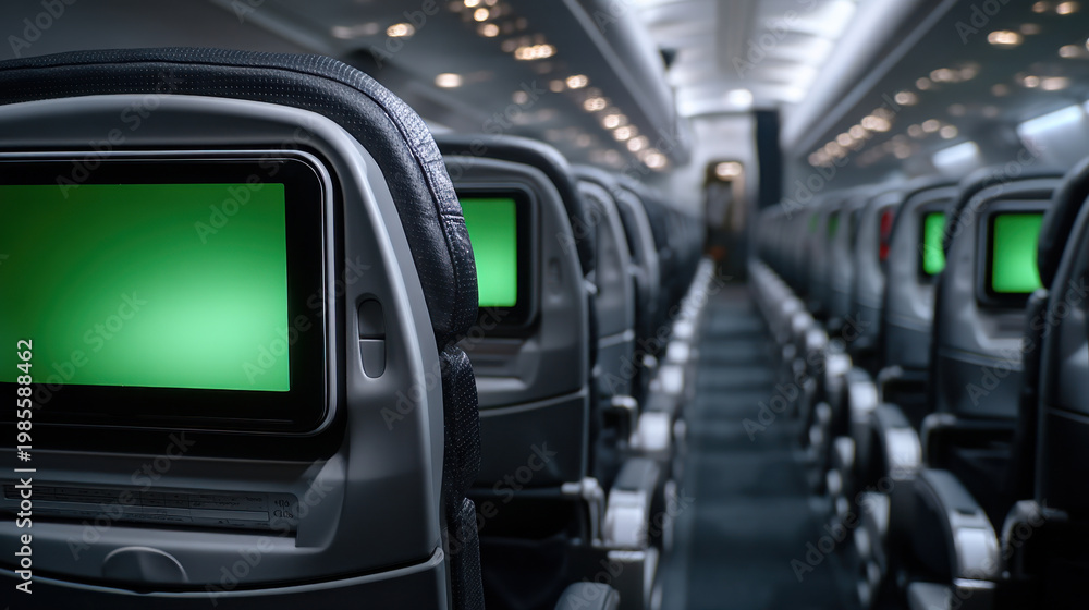 Fototapeta premium Airplane cabin aircraft aisle economy seat empty seat green screen inflight entertainment travel interior passenger cabin modern aircraft journey comfort Airplane cabin with empty economy seat