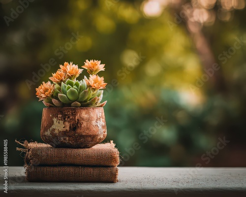 Small succulent plant with orange flowers in a distressed pot on stacked books with blurred green foliage background soft natural lighting warm tones