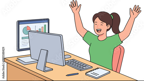 Woman celebrates successfully working on computer at office desk with monitor and keyboard