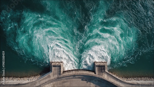 Aerial view of powerful water rushing through a dam spillway