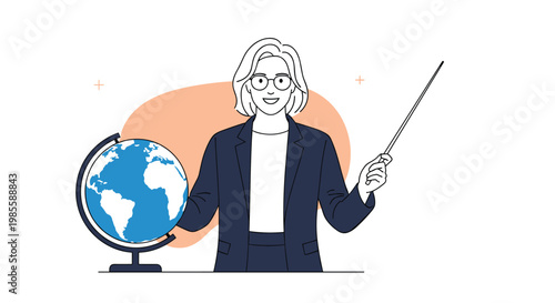 Confident female teacher wearing glasses and dark blazer standing next to globe and holding a pointing stick.