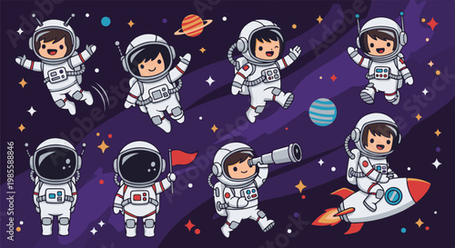 Whimsical cartoon astronauts in space, some flying, some waving, some with gear