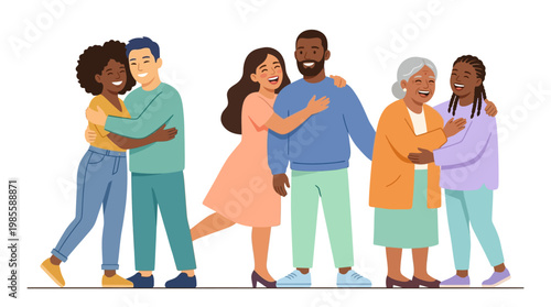 Diverse Group of Happy People Hugging Vector Illustration