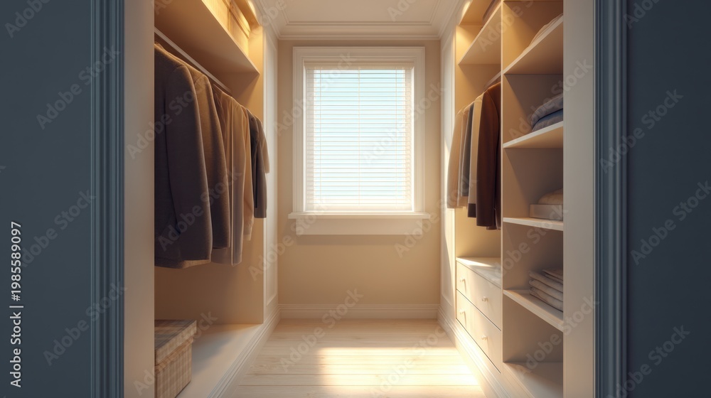 Fototapeta premium Spacious and Stylish Modern Closet with Organized Shelves and Natural Light for Elegant Home Interiors