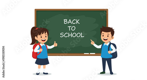 Happy schoolboy and schoolgirl with backpacks standing in front of green chalkboard with back to school text written on it.