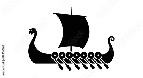 Viking Ship Silhouette: Longboat with Oars and Sail on White Background