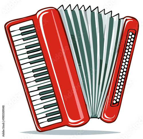 Classic red piano accordion musical instrument cartoon vector graphic illustration