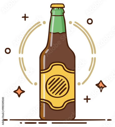 Stylized Brown Beer Bottle Illustration with Green Neck and Golden Cap Celebration Theme