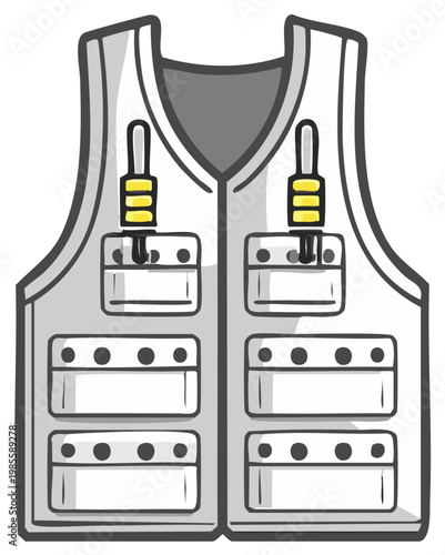 Gray fishing vest illustration with pockets, fly fishing apparel concept for outdoor recreation, angling adventure, fisherman clothing