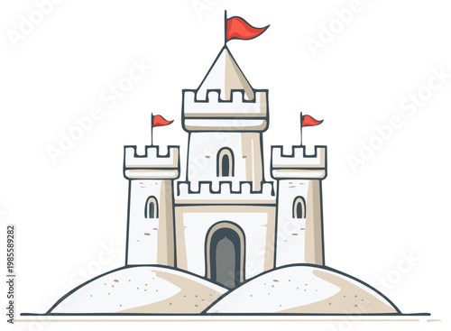 Illustrative sand castle with red flags on white background