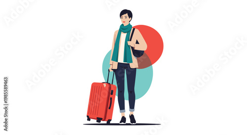 Young female traveler stands ready for a journey with a bright red suitcase and a green scarf on an abstract background.