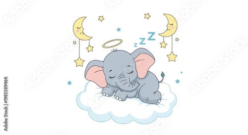 Adorable baby elephant with a halo sleeps peacefully on a soft white cloud surrounded by crescent moons and stars.