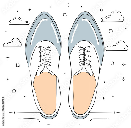 Top view of illustrated classic men's shoes in a whimsical and dreamy concept with clouds and stars