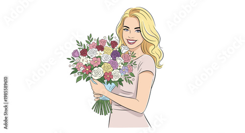 Beautiful blonde woman in a light dress holds a large and colorful bouquet of various flowers with a radiant smile.