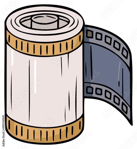 Cartoon illustration of traditional film roll with exposed strip, depicting vintage photography and analog media.