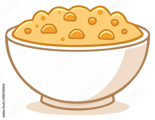 Cartoon bowl of creamy porridge with fruit pieces for breakfast