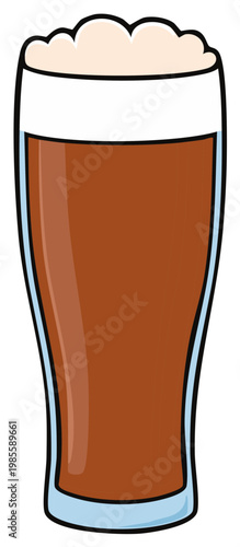 Dark Beer Pint Glass with Foam, Cartoon Illustration, Hand Drawn Style, Refreshment Drink, Vector Art