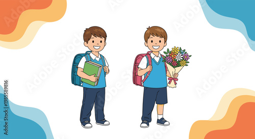 Two cheerful schoolboys in uniforms are depicted with one carrying books and the other holding a bouquet of flowers.