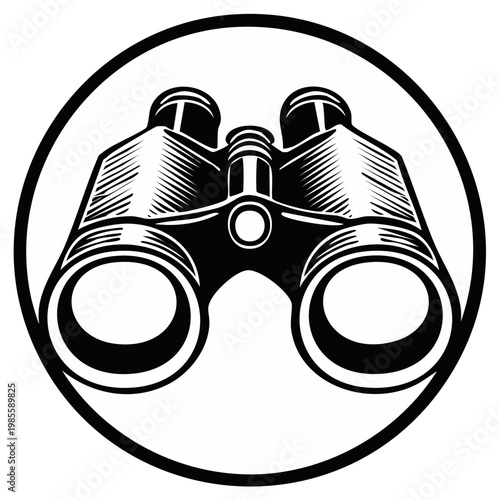 Binoculars in Circle Frame Black and White Illustration for Exploration and Observation Concepts with Lens and Optical Device