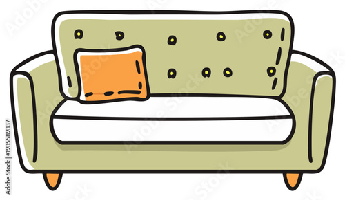 Cute cartoon sofa with orange pillow hand drawn doodle style illustration