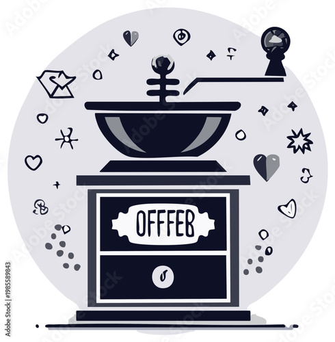 Hand coffee grinder illustration with offer text and whimsical creative elements