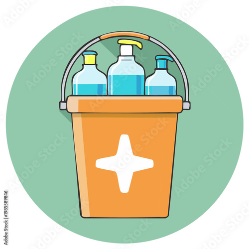 Cartoon illustration of a first aid bucket filled with disinfectant and soap bottles