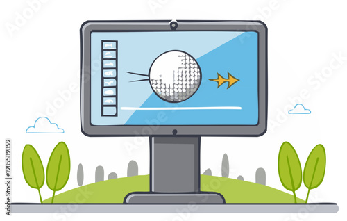 Digital golf simulator screen displaying ball trajectory and launch data with outdoor park elements