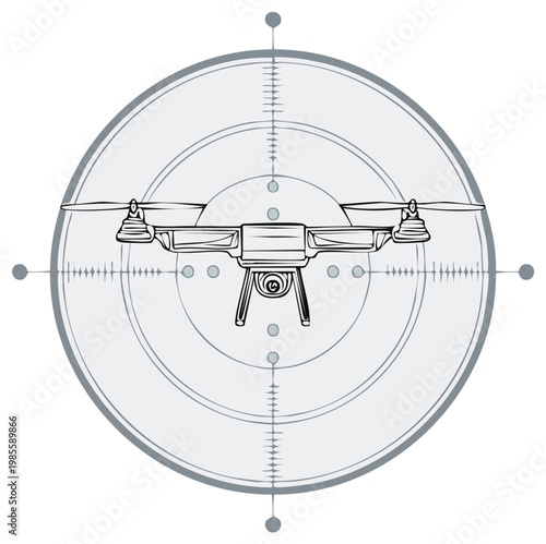 Line art illustration of a quadcopter drone being tracked in a targeting scope