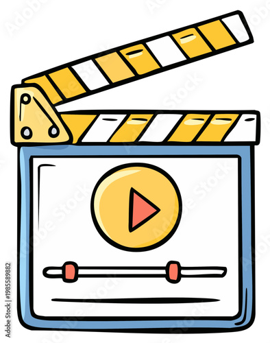 Colorful hand drawn clapperboard graphic displaying video player interface play button timeline slider