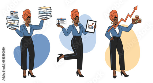 Series of illustrations featuring a professional woman managing heavy books holding a chart and celebrating growth.