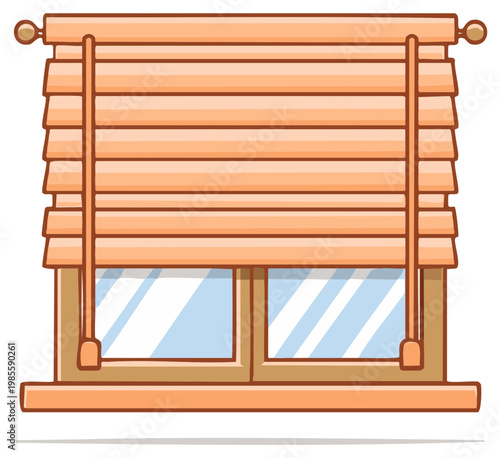 Illustration of peach colored window blinds covering a paneled window with sky reflecting through the glass panes