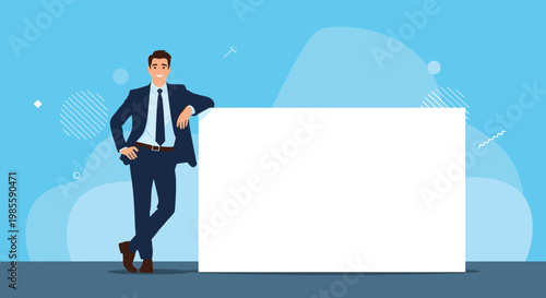 Confident businessman in a dark suit leans against a large blank white horizontal board for text placement or ads.