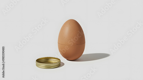 A brown egg with a gold lid on a white surface