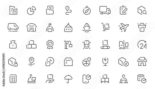 Logistics and delivery line icons set, minimal shipping and transport outline symbols