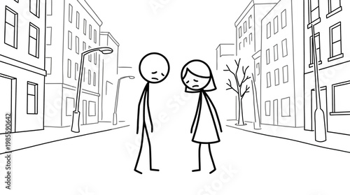 Sad Cartoon Couple Standing on City Street