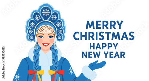 Beautiful woman dressed in a traditional blue Snow Maiden costume offers holiday greetings for Christmas and New Year.