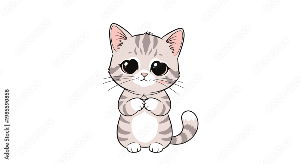 Obraz premium Adorable grey tabby kitten with large expressive eyes and small paws looks directly forward with a cute expression.